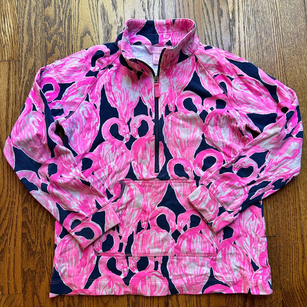 Lilly Pulitzer Girls Skipper Popover Top 1/2 Zip Flamingo Pink Navy Sz XL 12-14